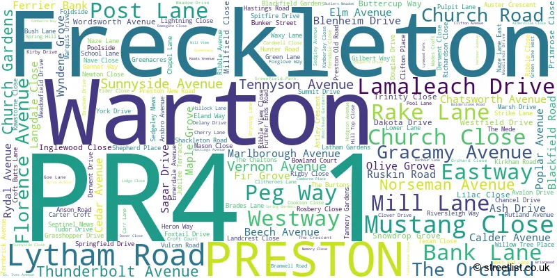 A word cloud for the PR4 1 postcode